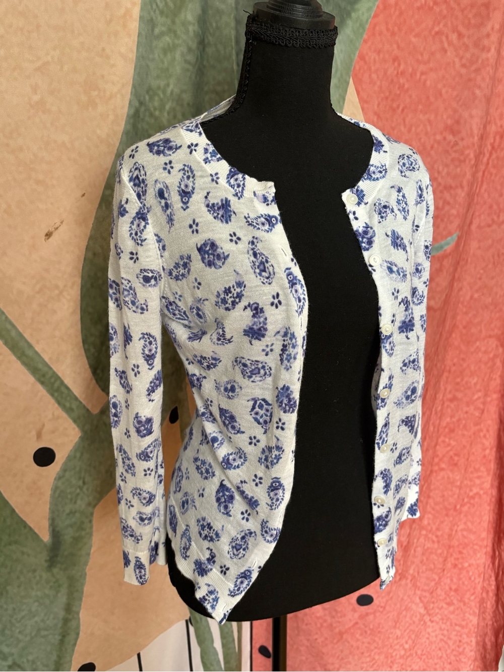 White Cardigan with Blue Floral Print